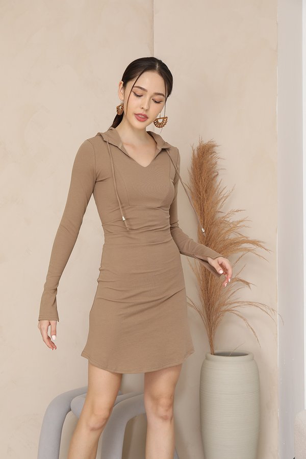 Ruching Right On Hoodie Sweater Dress Taupe Brown