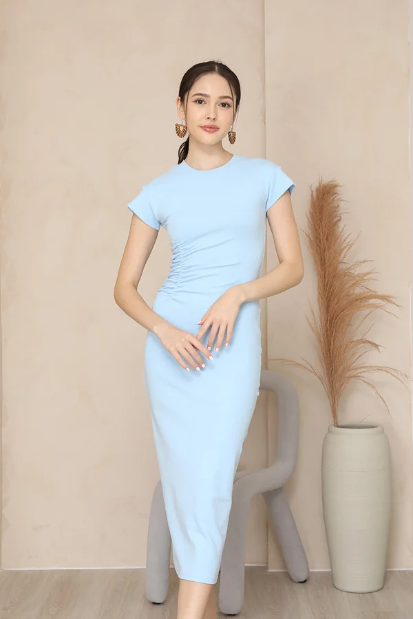 Ruche Prospects Shirred Bodycon Midi Tee Dress Sky Blue