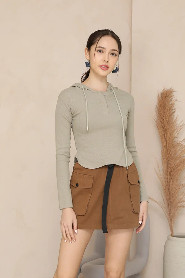 Hoodie Heads Up Henley Ribbed Knit Tee Sage Green
