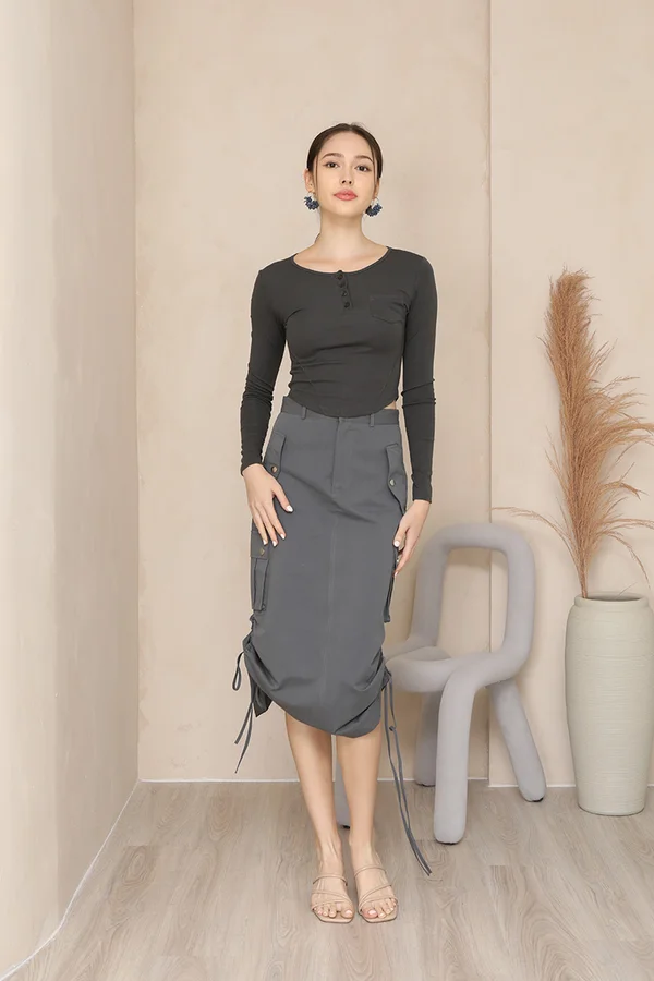Your Handy Henley Curve Hem Top Grey