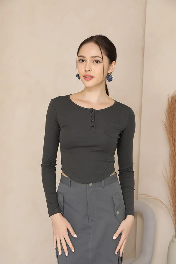Your Handy Henley Curve Hem Top Grey