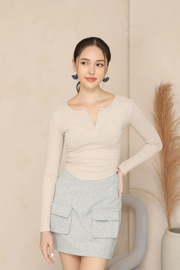 Your Handy Henley Curve Hem Top Beige