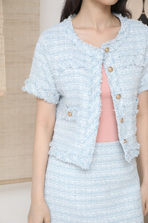 Tweed in Tandem Fringe Trims Button Overcoat Blue