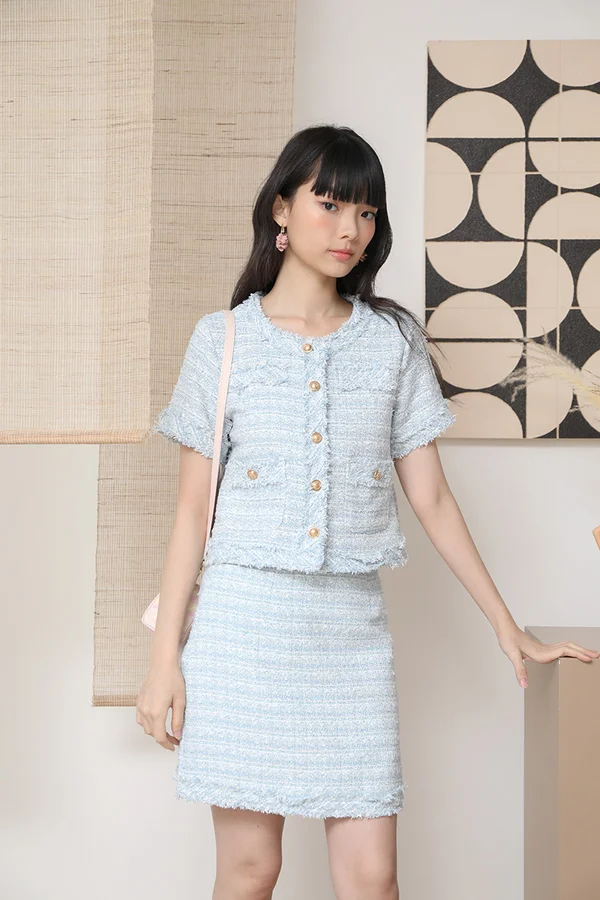 Tweed in Tandem Fringe Trims Button Overcoat Blue