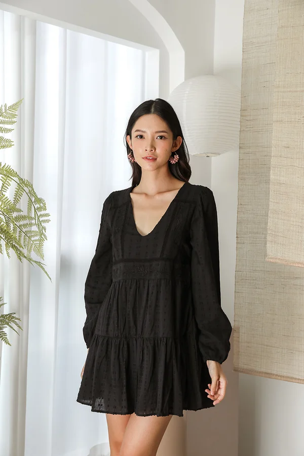 Noir Bonsoir Crochet Swiss Dots Blouson Dress