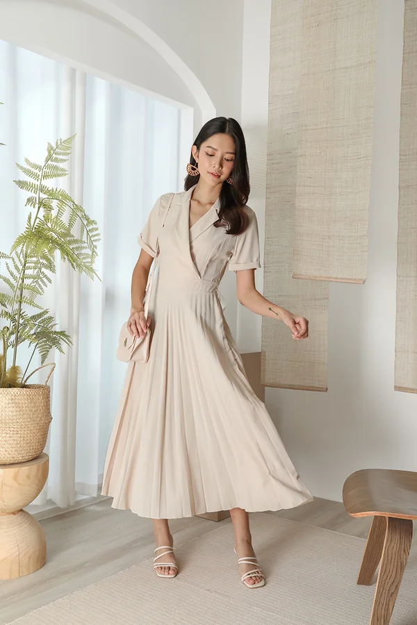 Pleatfully Poised Lapel Collar Midi Dress Beige