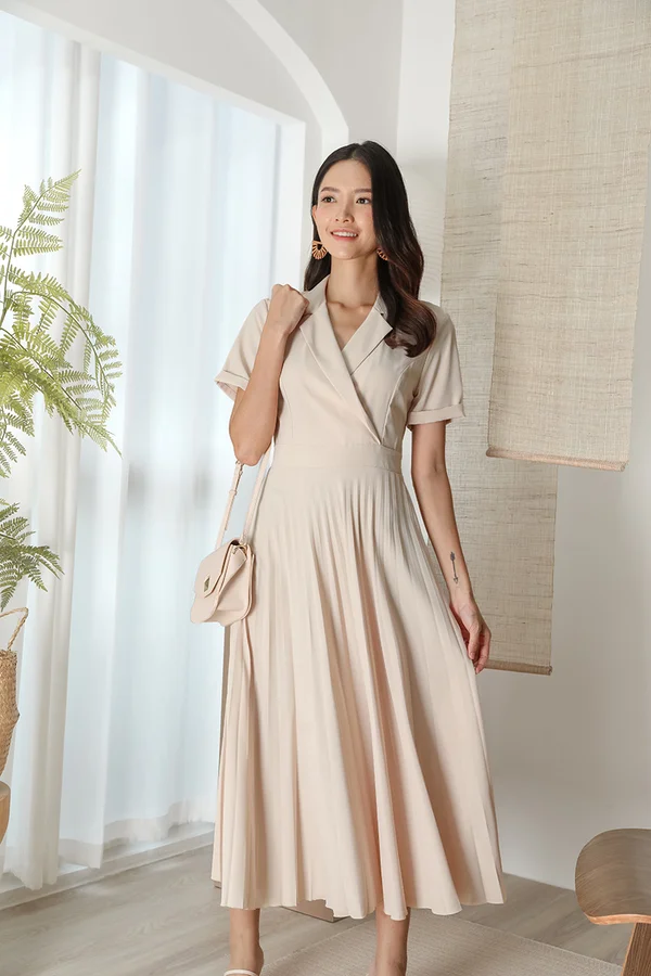 Pleatfully Poised Lapel Collar Midi Dress Beige