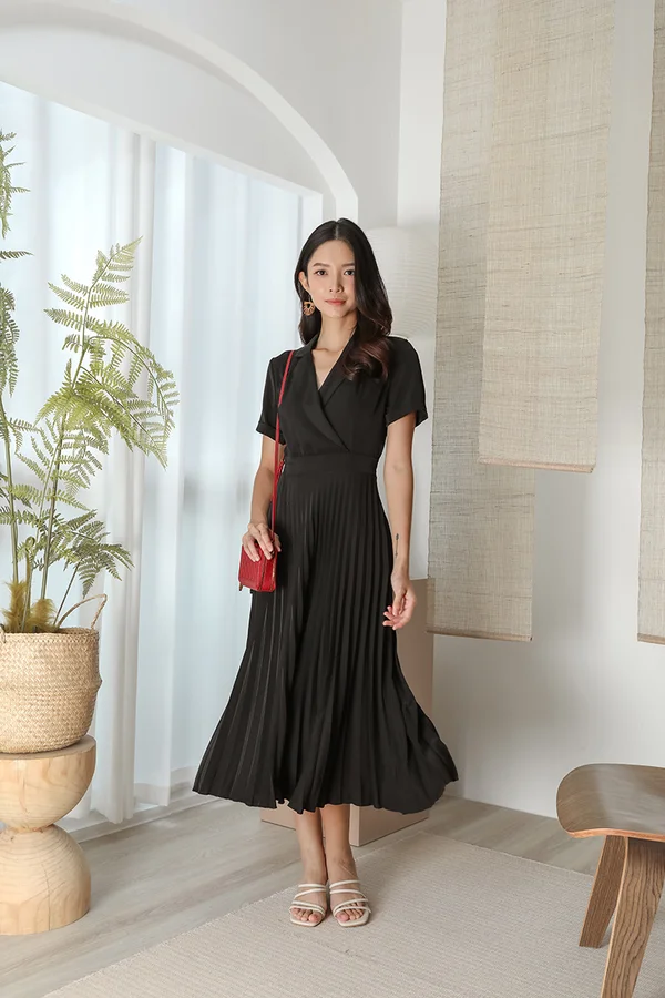 Pleatfully Poised Lapel Collar Midi Dress Black