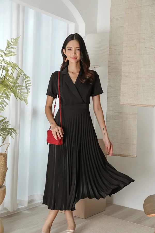 Pleatfully Poised Lapel Collar Midi Dress Black