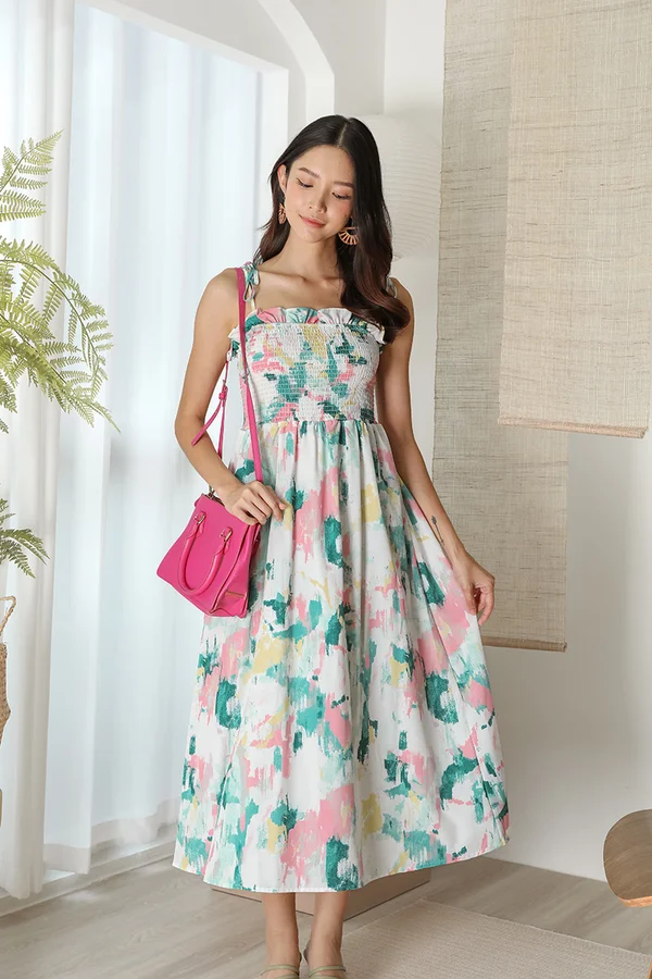 Painterly Pastels Abstract Smocked Frill Midi Dress