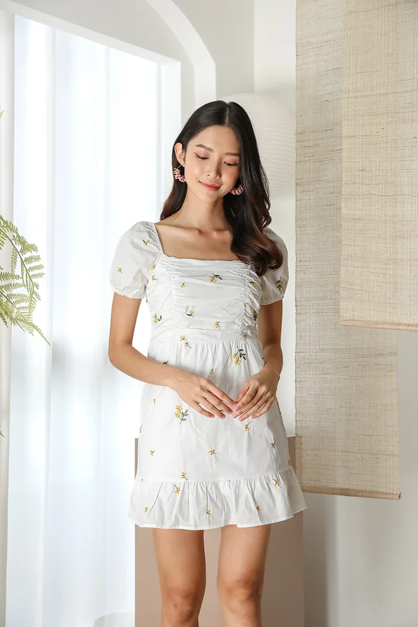 Ruching for Keeps Broderie Dress White