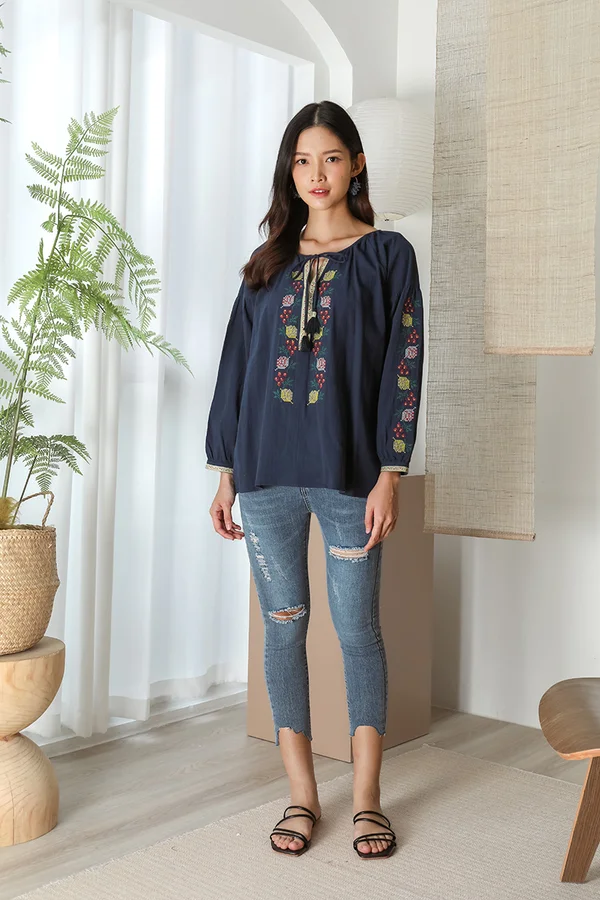 Folklore Galore Cross Stitch Embroidery Tassel Blouson Navy Blue