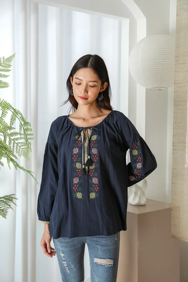 Folklore Galore Cross Stitch Embroidery Tassel Blouson Navy Blue
