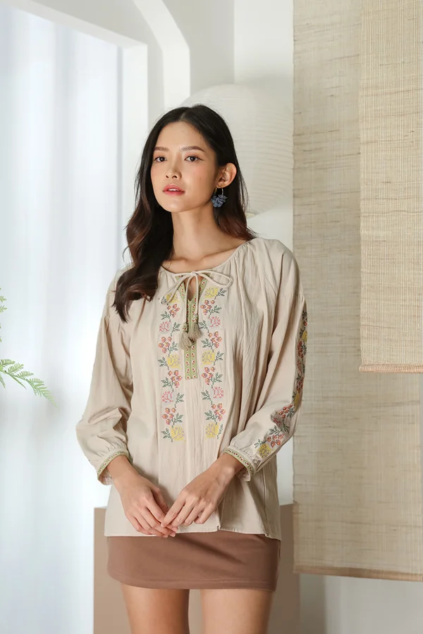 Folklore Galore Cross Stitch Embroidery Tassel Blouson Khaki