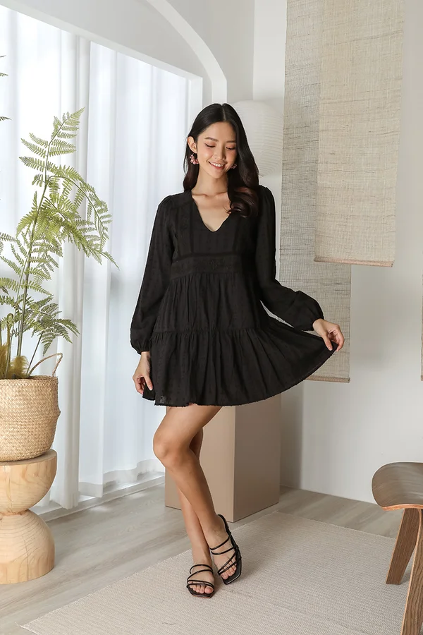 Noir Bonsoir Crochet Swiss Dots Blouson Dress