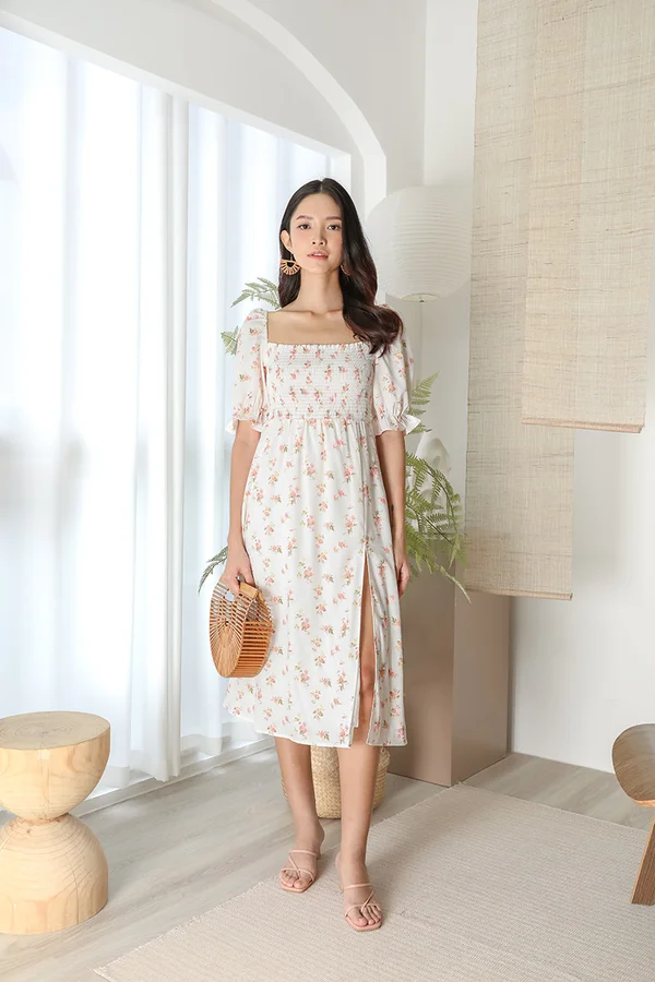 Rustic Sensibility Smocked Slit Midi Dress