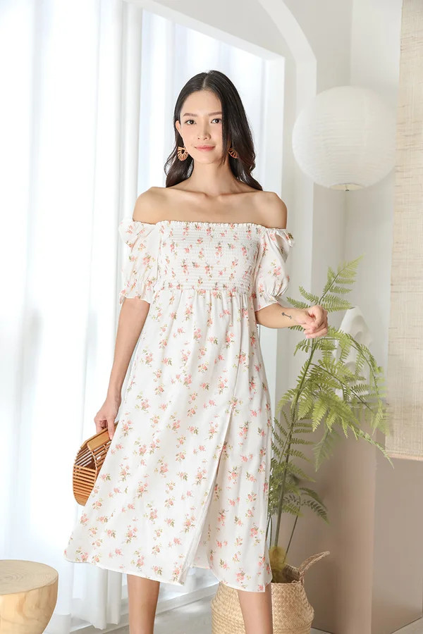 Rustic Sensibility Smocked Slit Midi Dress