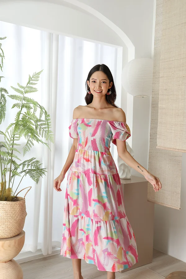 More Rainbows to Come Smocked Tier Midi Dress Pink