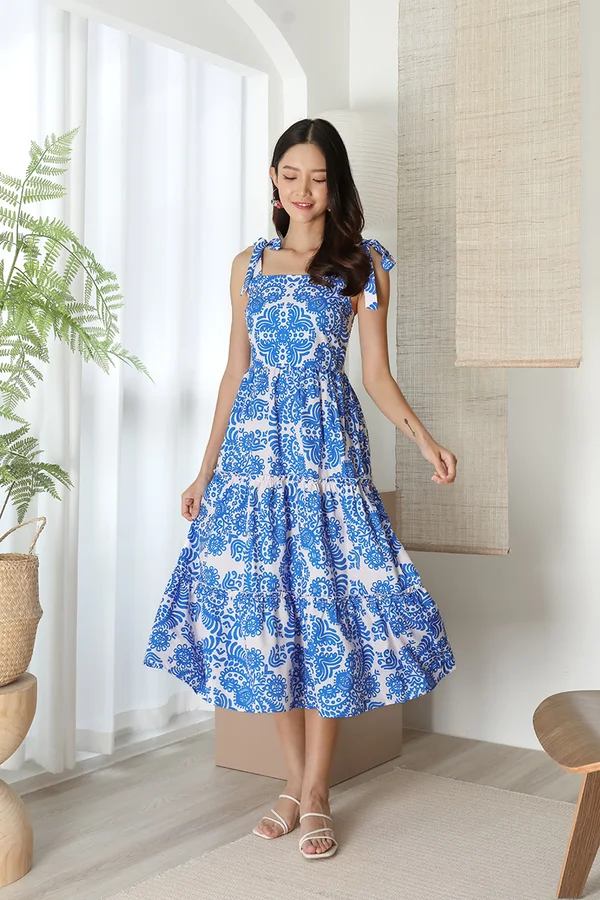 Psychedelic Paisley Porcelain Print Tier Midi Dress