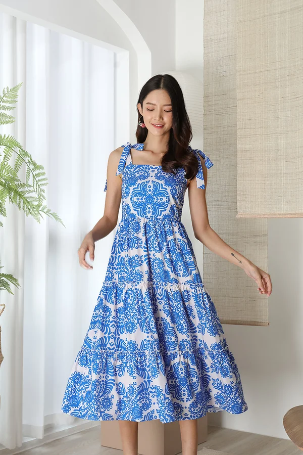 Psychedelic Paisley Porcelain Print Tier Midi Dress