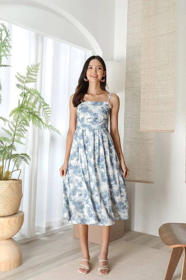 Blue Blooms Teacup Florals Porcelain Pleat Midi Dress