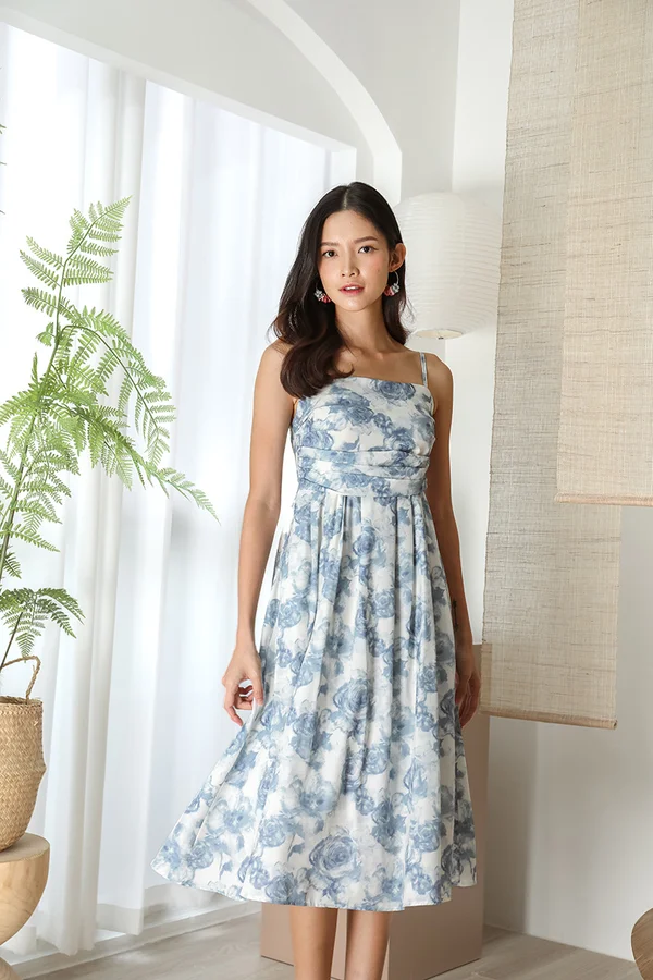 Blue Blooms Teacup Florals Porcelain Pleat Midi Dress