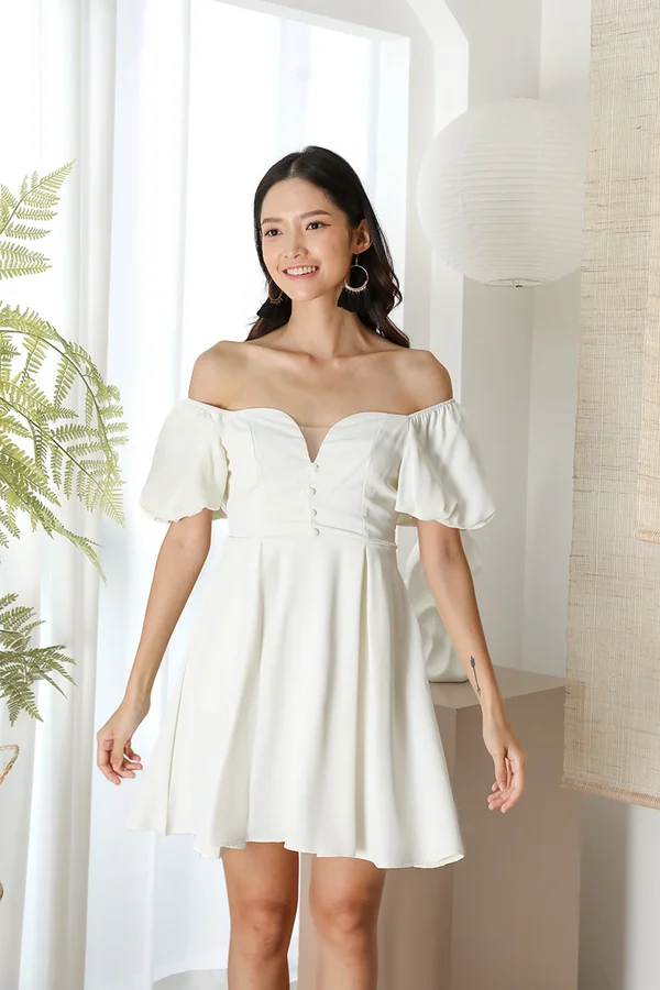 Fluttering Feelings Bubbled Sleeves Dress White