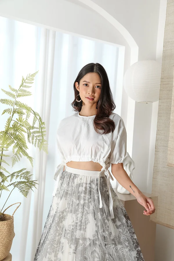 Drapefully Drawstring Ruched Side Ties Crop Top White
