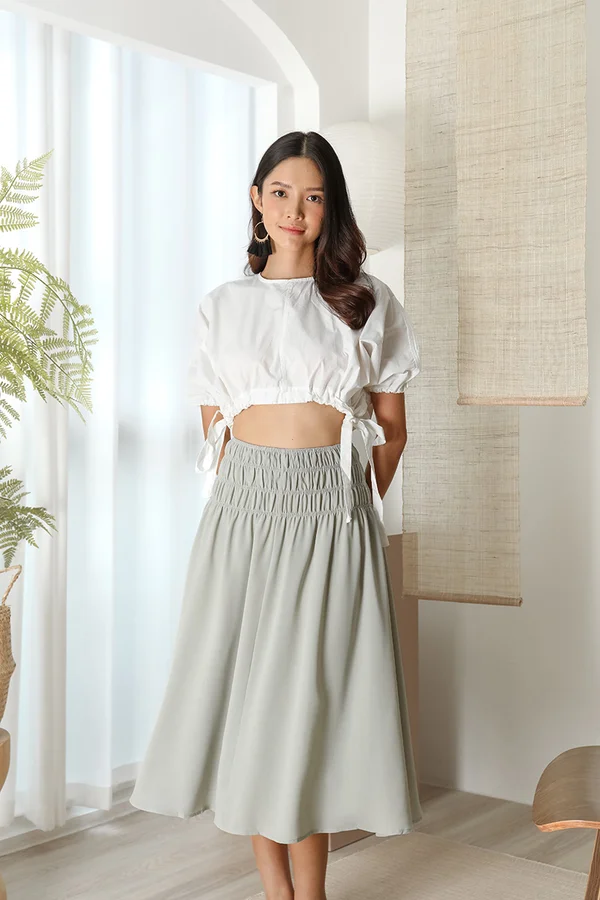 Drapefully Drawstring Ruched Side Ties Crop Top White