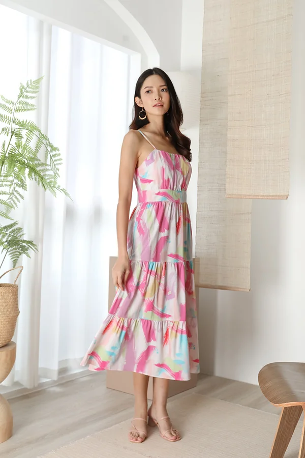 Psychedelic Palette of Abstract Strokes Shirred Midi Dress
