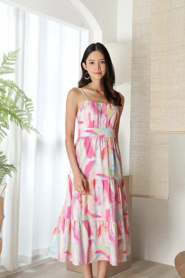 Psychedelic Palette of Abstract Strokes Shirred Midi Dress