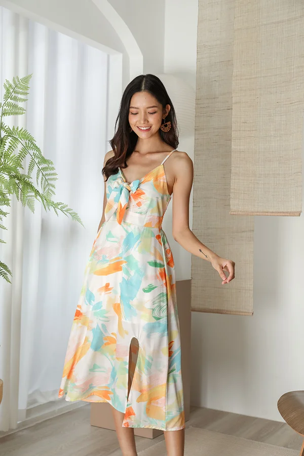Watercolour Pastels Brushstrokes Tie Bust Midi Dress