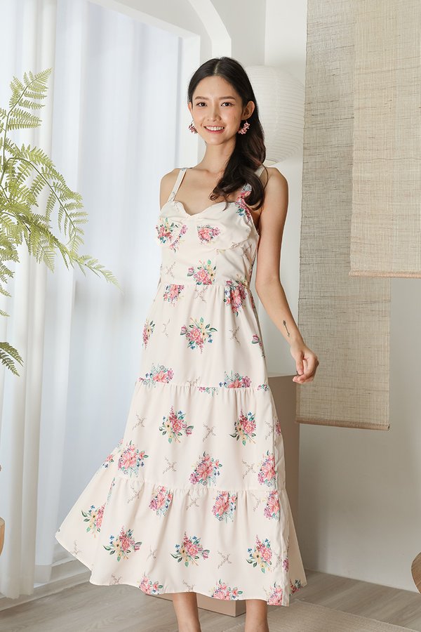 Blushing Bouquets Floral Tier Midi Dress