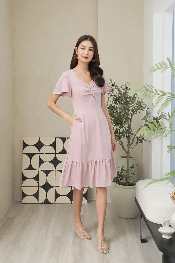 Twisted Luxe Knot Dropwaist Midi Dress Pink