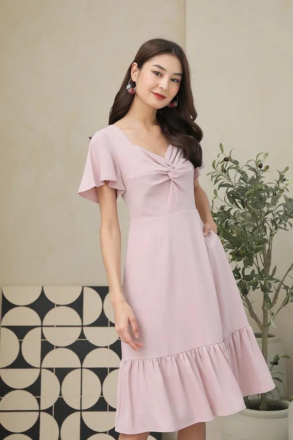 Twisted Luxe Knot Dropwaist Midi Dress Pink