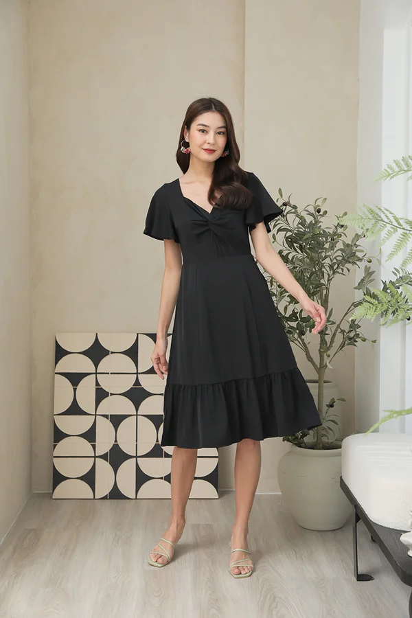 Twisted Luxe Knot Dropwaist Midi Dress Black