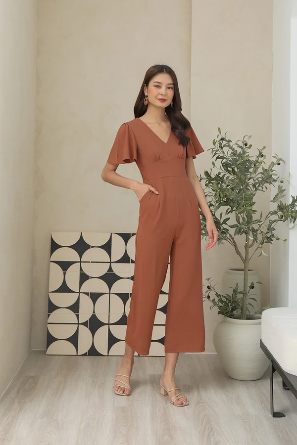 Sartorially Sound Flutter Sleeve Jumpsuit Rust