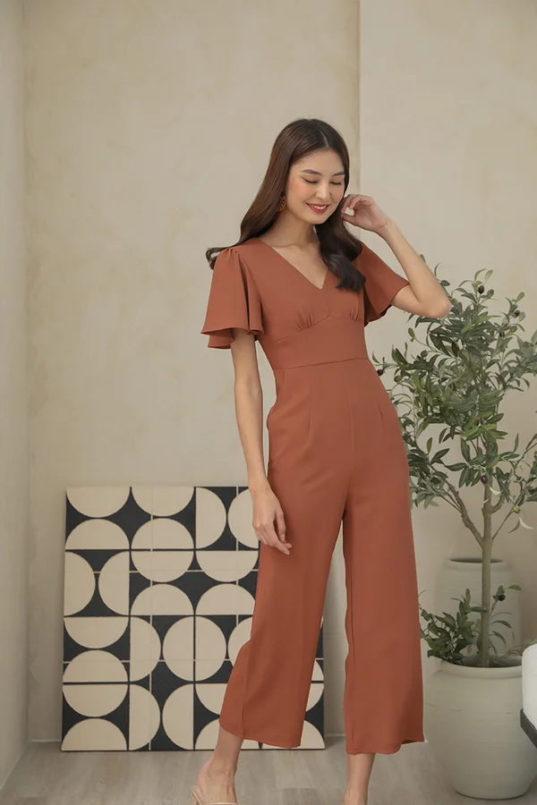 Sartorially Sound Flutter Sleeve Jumpsuit Rust