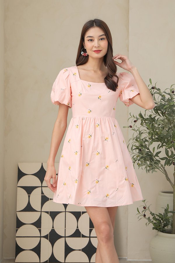 Daisy Afternoons Embroidered Pouf Sleeve Dress Pink