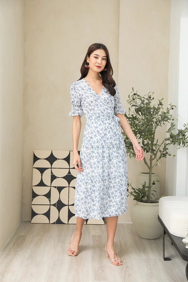 Provincial Porcelain Charm Florals Wrap Midi Dress