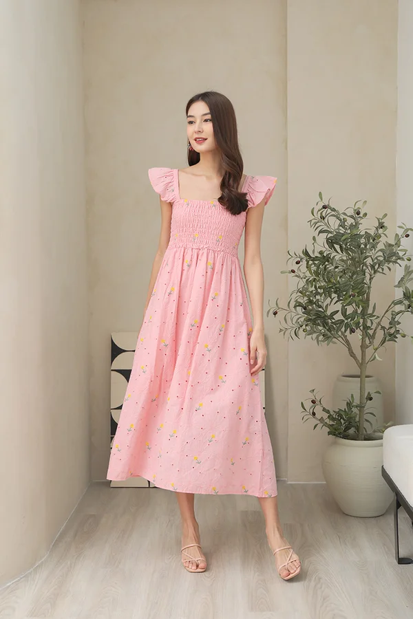Fluttery Marigold Drops Eyelet Broderie Smock Midi Dress Pink