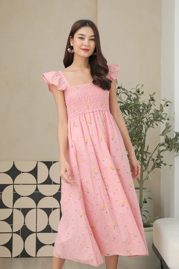 Fluttery Marigold Drops Eyelet Broderie Smock Midi Dress Pink