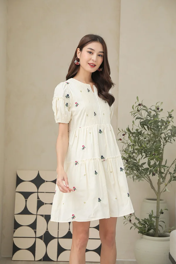 Embroidered Enchante Garden Pintuck Babydoll Tier Dress