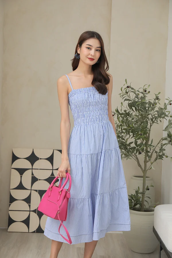 Striped Shorelines Smock Babydoll Tier Midi Dress