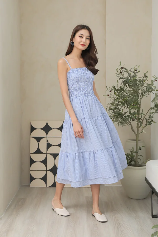 Striped Shorelines Smock Babydoll Tier Midi Dress