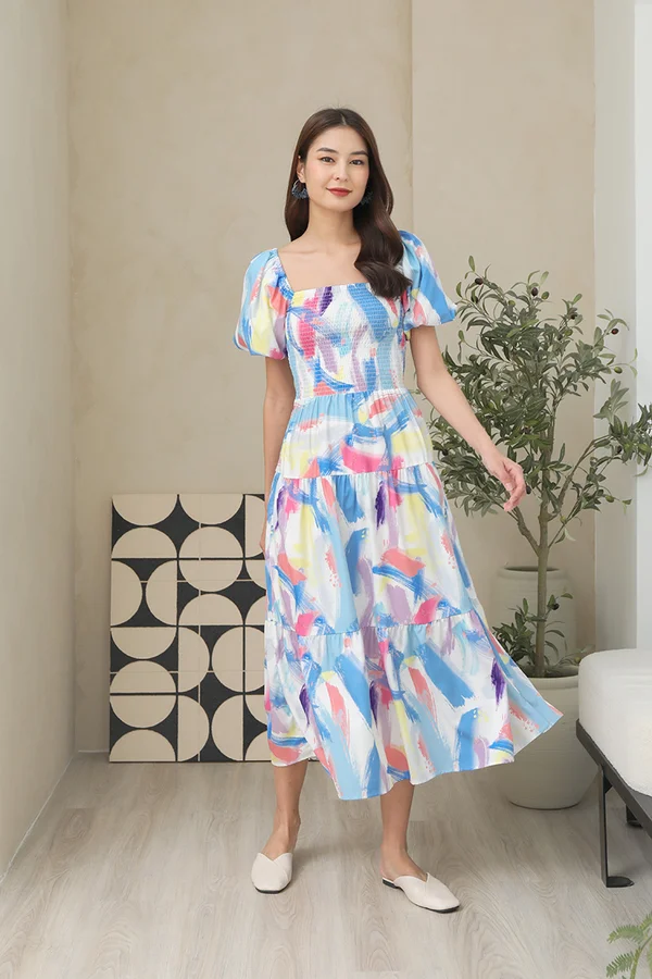 More Rainbows to Come Smocked Tier Midi Dress Blue