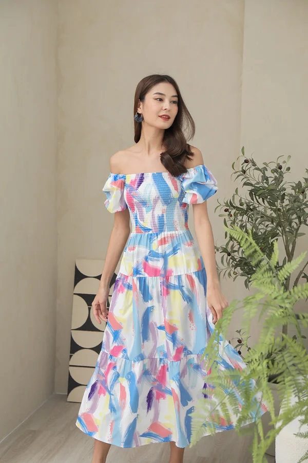 More Rainbows to Come Smocked Tier Midi Dress Blue