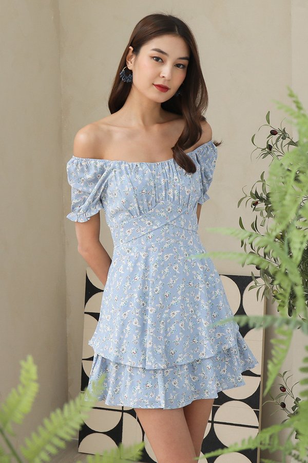 Swirly Whirly Shirs Florals Tier Dress Blue