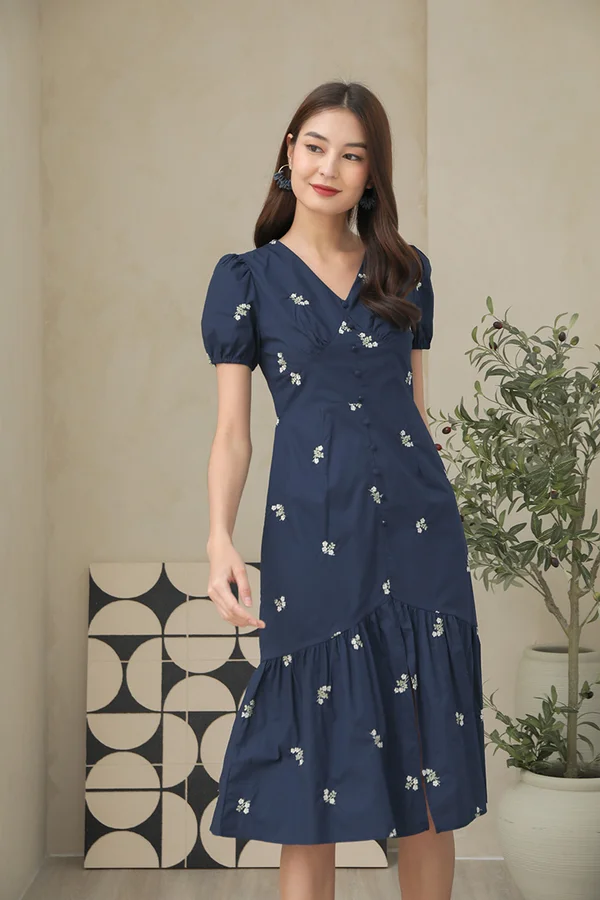 Broderie Button Whimsy Midi Dress Navy Blue