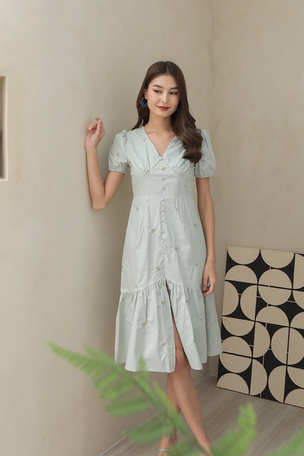 Broderie Button Whimsy Midi Dress Mist Green